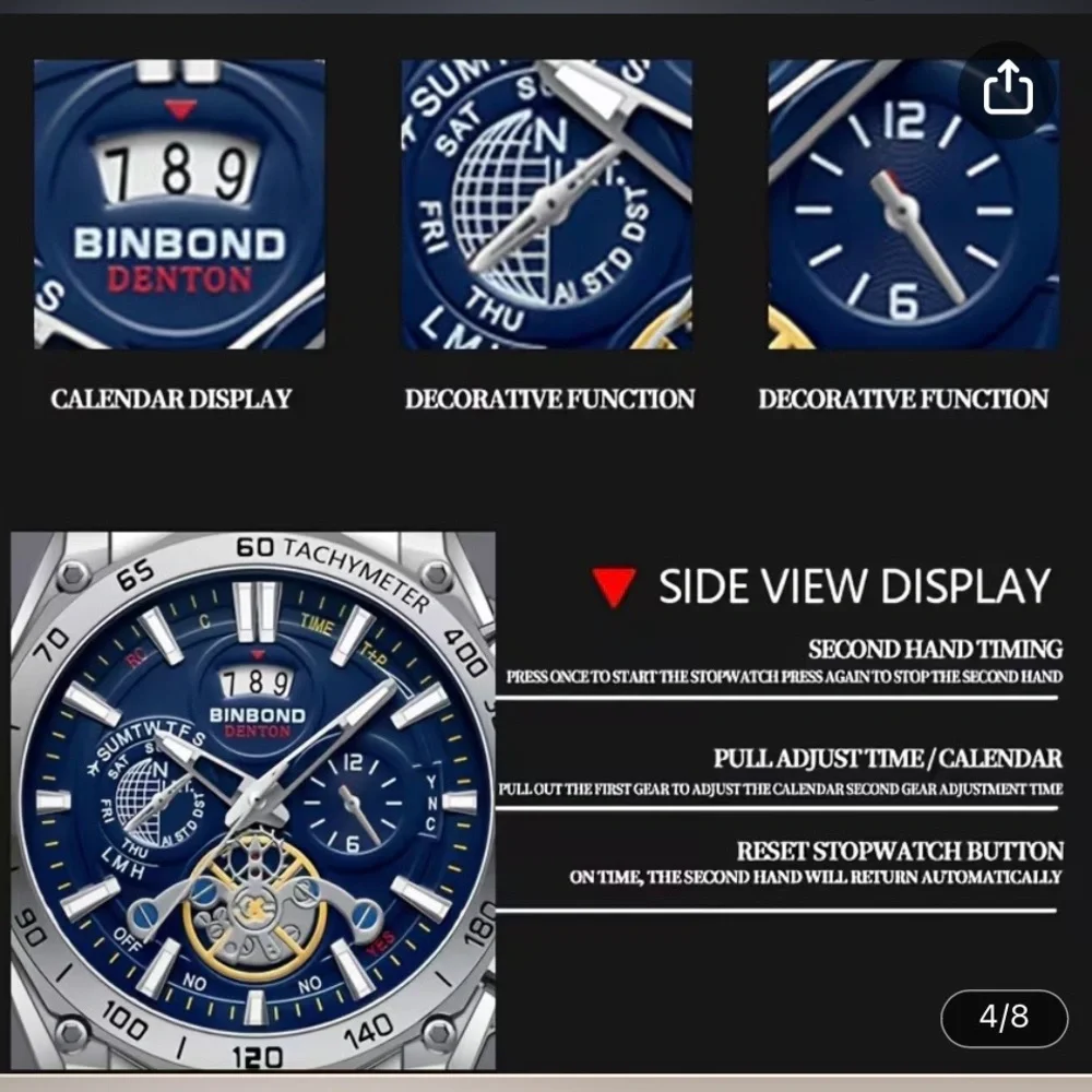 Binbond Bestwin Blue Dial Chronograph Silver Stainless Steel Quartz Watch